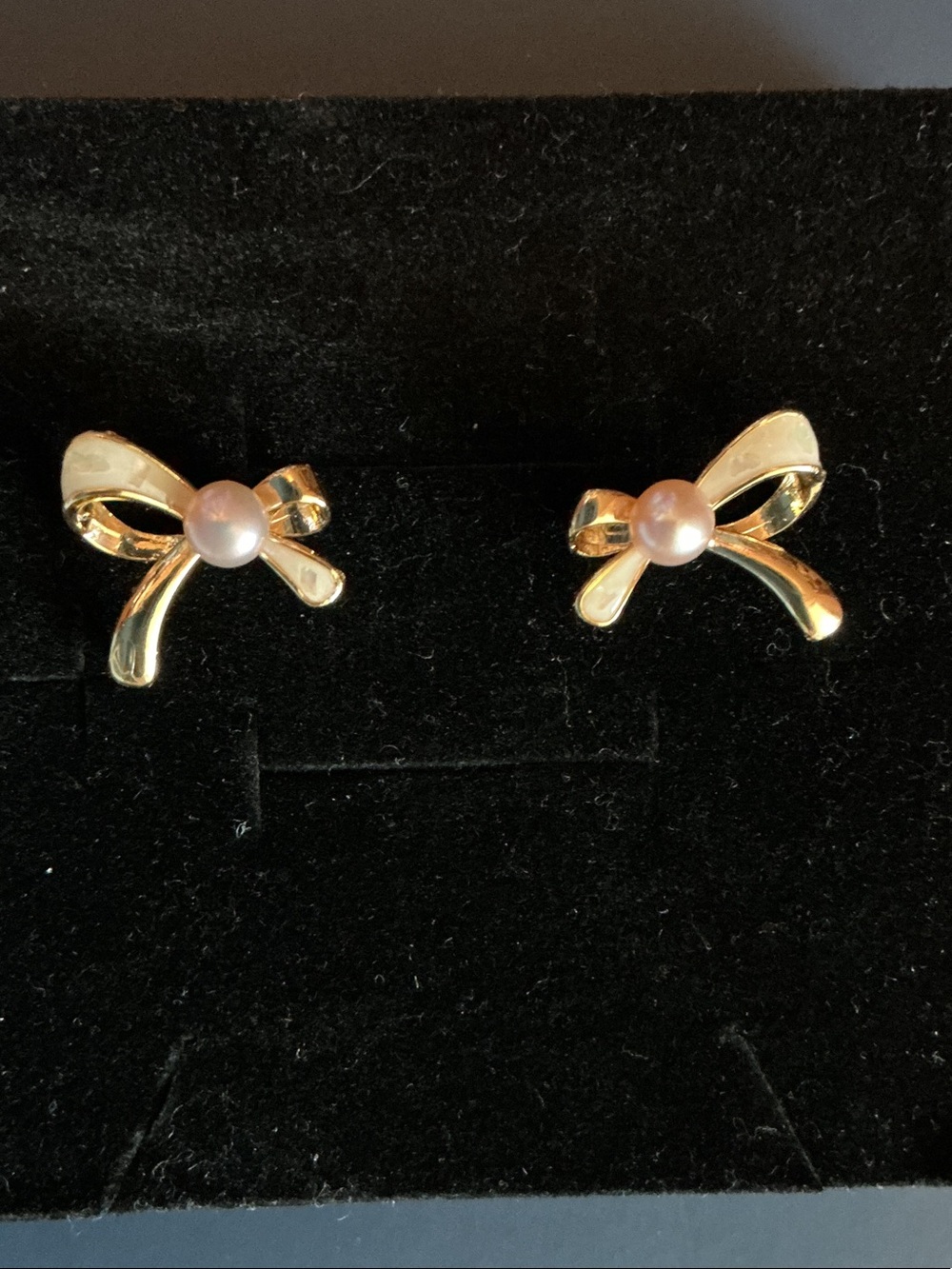 Gold Bow Pearl Stud Earrings with Pink Pearls - Women Jewelry